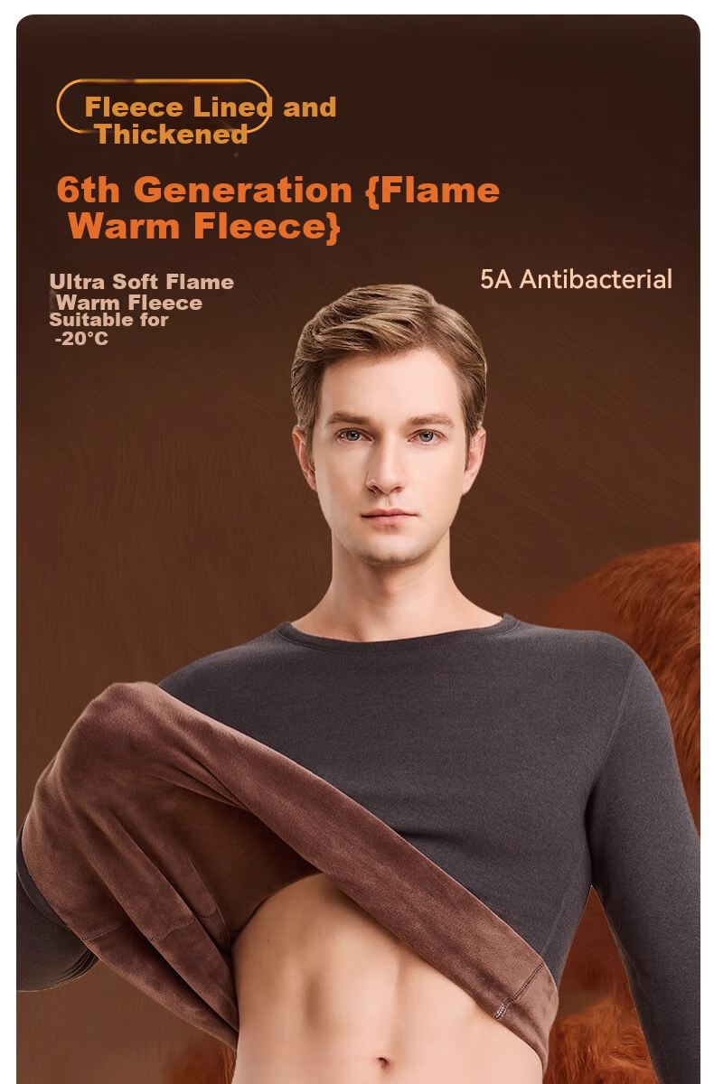 LangSha Men's Thermal Underwear Winter Fleece Thickened Cotton Base Layer Warm Crew Neck Gray 2XL 1