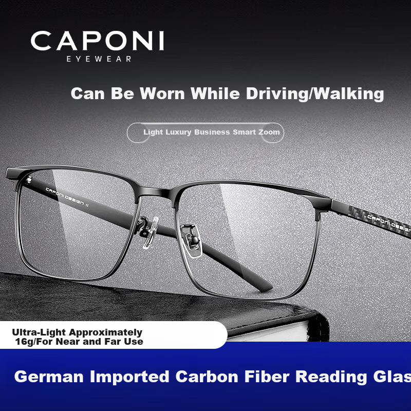 CAPONI Men's Reading Glasses Imported Multifocal Genuine High-end Carbon Fiber Auto Zoom HD Blue Light Blocking Presbyopia Glasses