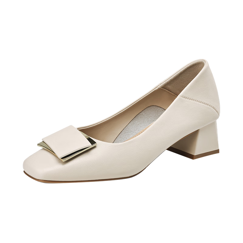 Daphne Women's Leather Square Toe Block Heel Pumps Beige Size 38