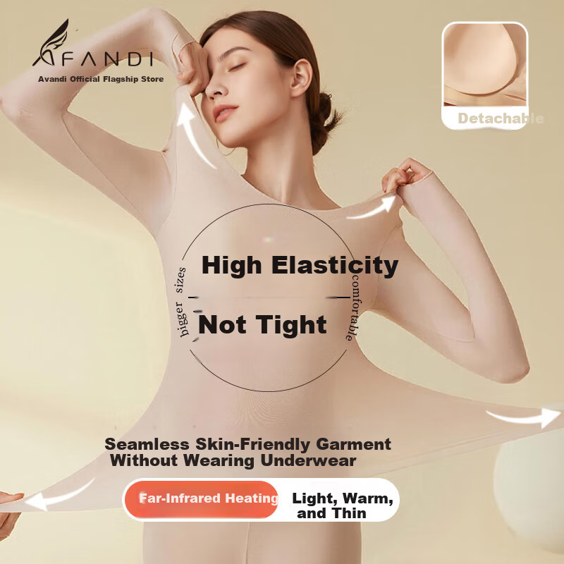 Afandi Padded Thermal Underwear Seamless Slim Hyaluronic Acid Skin Care Long Sleeve Heating Antibacterial Base Layer Top