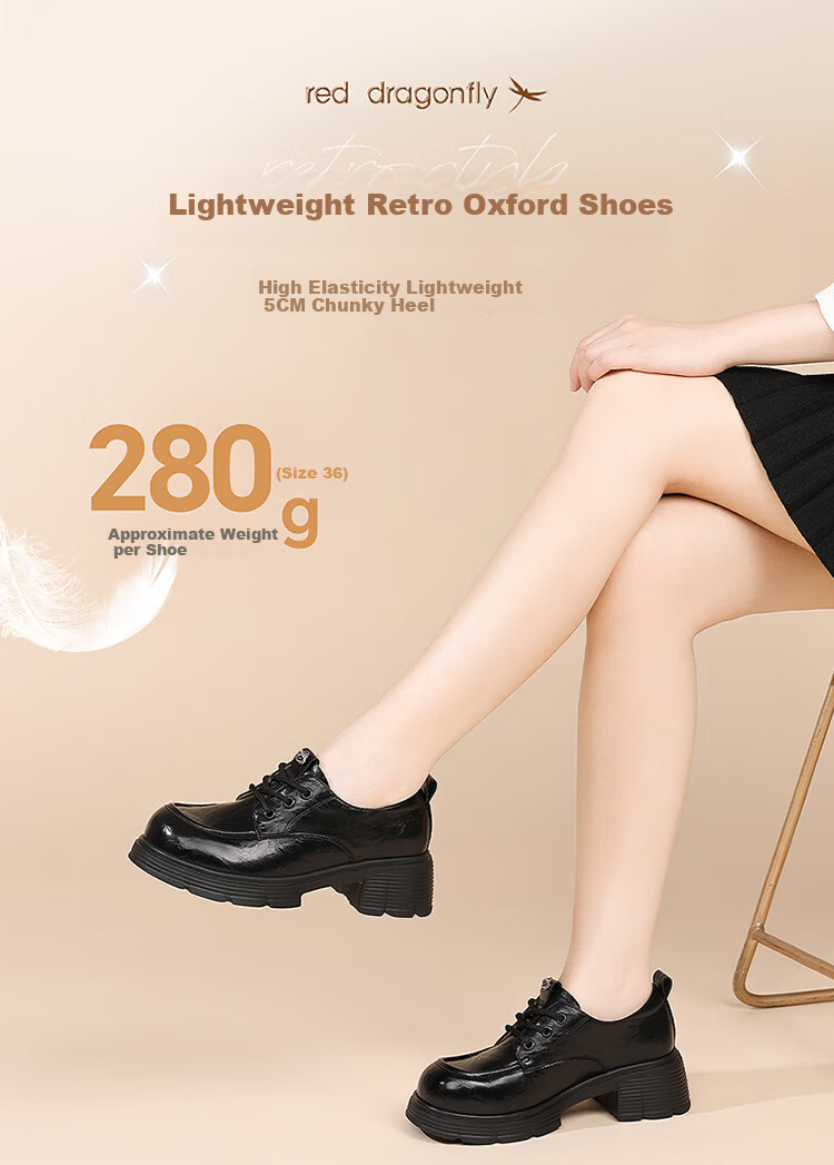 Red Dragonfly Women's Leather Shoes British Style Fashion Chunky Heel Commuter Loafers Soft Sole Lightweight WLB354291 Black Size 37 1