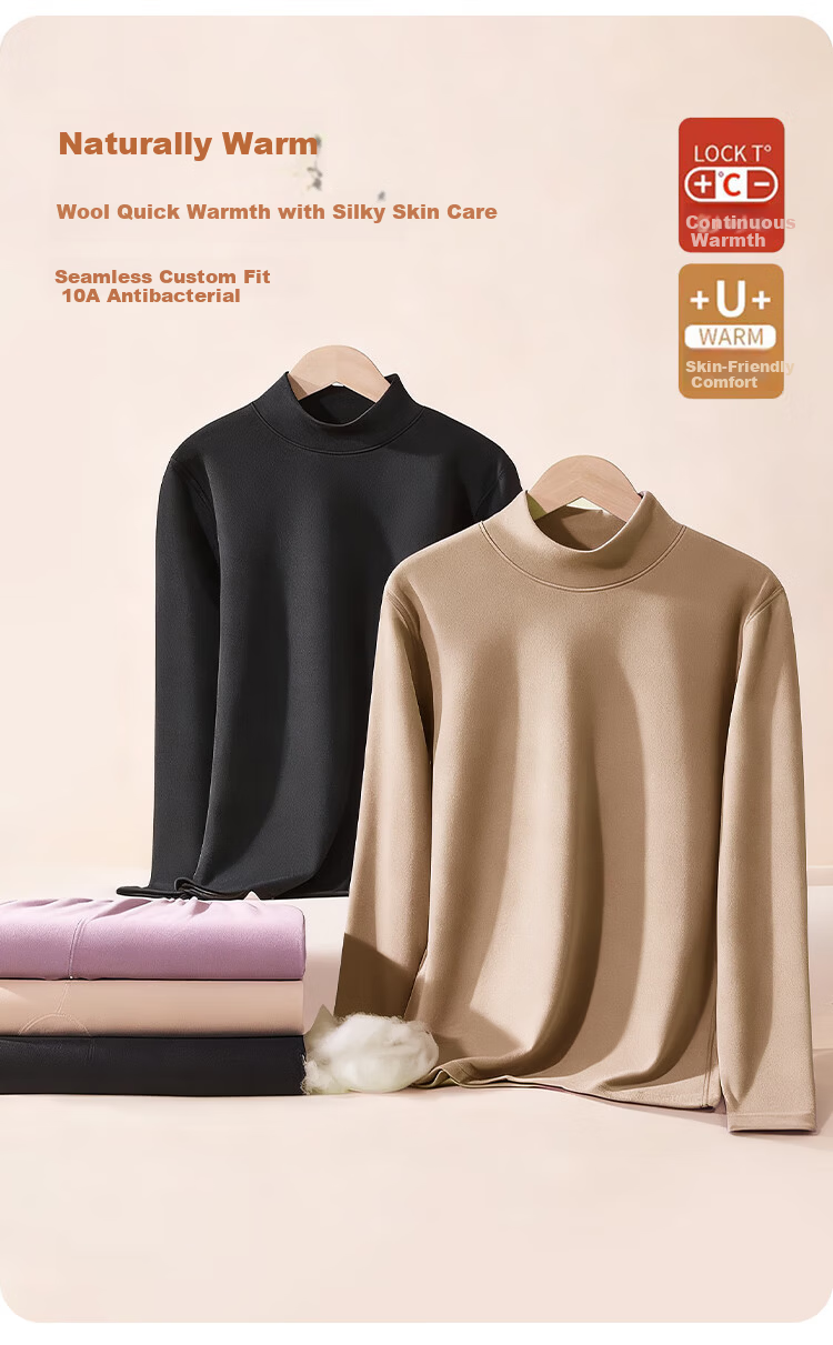 LangSha Plus Size Women's Autumn Wool and Silk Antibacterial Thermal Underwear Mid-Neck Base Shirt Large Size 1