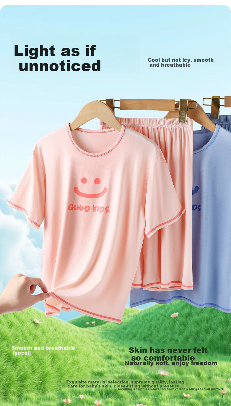 Hodo Kids A-Class Lyocell Summer Thin Antibacterial Girls Short Sleeve Pajama Set for Older Children Air Conditioning Wear 2