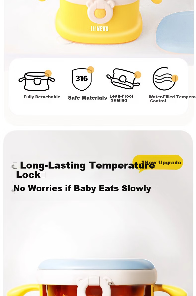 NEVS Square Baby Water-Filled Insulated Bowl Children's Tableware Suction Feeding Bowl Drop-Resistant Constant Temperature Bowl - Joseph Yellow Lunch Box 2