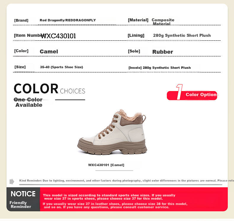 RED DRAGONFLY Women's High-Top Fleece-Lined Warm Martin Boots Casual Sports Cotton Shoes WXC430101 2