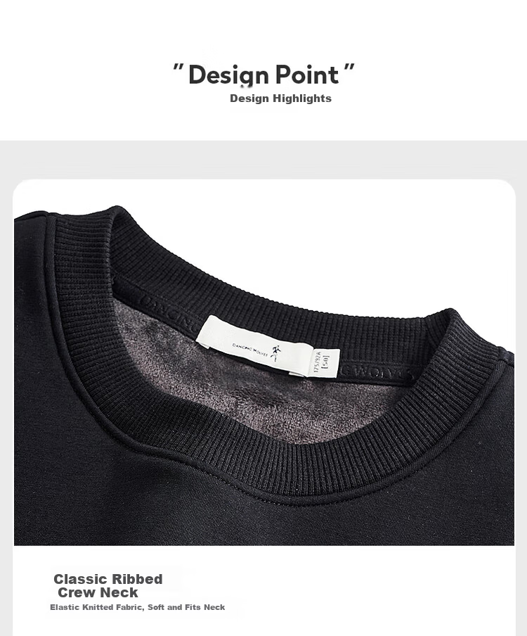 Dancing with Wolves [Fleece Lined Warmth] Autumn Winter Embroidered Round Neck Thickened Men's Sweatshirt 001 Black 175 4