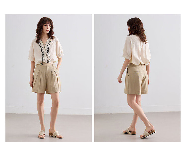Demana Breathable Linen Feel Summer Commuter Wide-Leg Pleated Two-Button Loose Slimming Women's Casual Shorts 11