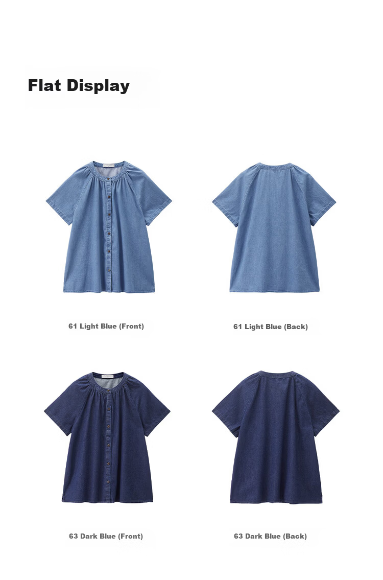 Giordano Summer New Lightweight Pure Cotton Loose Pleated Round Neck Raglan Short Sleeve Denim Shirt for Women 13346224 16