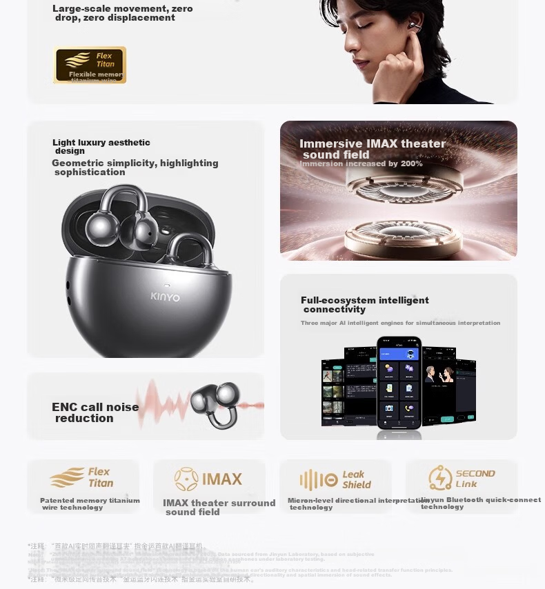 KINYO Bluetooth Earphones 2025 New Bone Conduction Clip-On AI Translation Wireless Sports Running i7 18