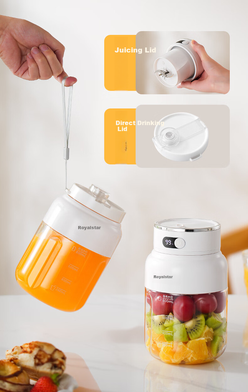 Royalstar Large Capacity Wireless Portable Juicer Multifunctional Juice Blender Ice Crushing Milkshake Fruit and Vegetable Cup Digital Display Direct Drinking 1200ML RZ-80PY1 9