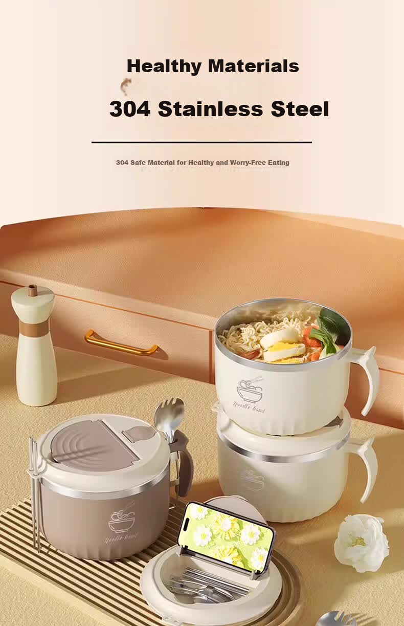 KATEI STORY Japanese 304 Stainless Steel Draining Instant Noodle Bowl Large Capacity Dormitory Student Covered Bowl with Handle Insulated Lunch Box 7