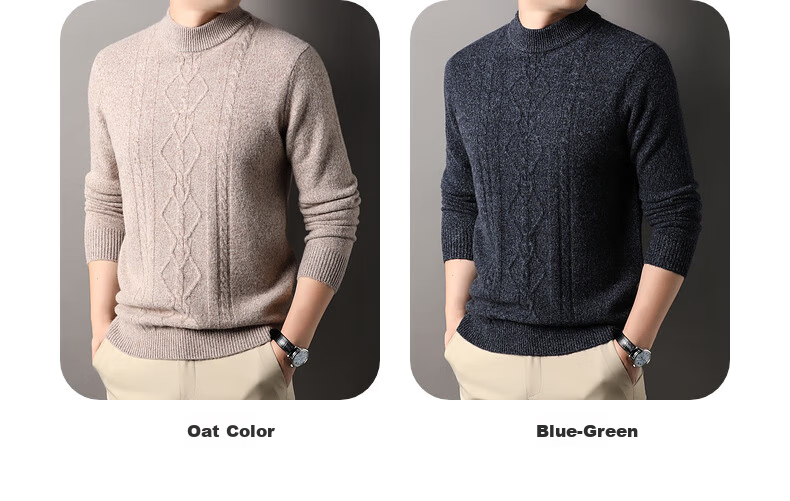 Hengyuanxiang Men's Thickened Wool Sweater Autumn Winter 100% Pure Wool Half Turtleneck Simple Casual Solid Color Knitwear 7