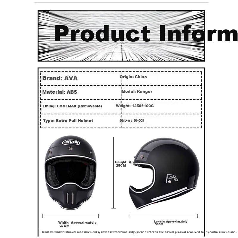 AVA Ranger Motorcycle Retro Full Face Cruiser Helmet Small Shell Off-Road Helmet Unisex Ivory White L