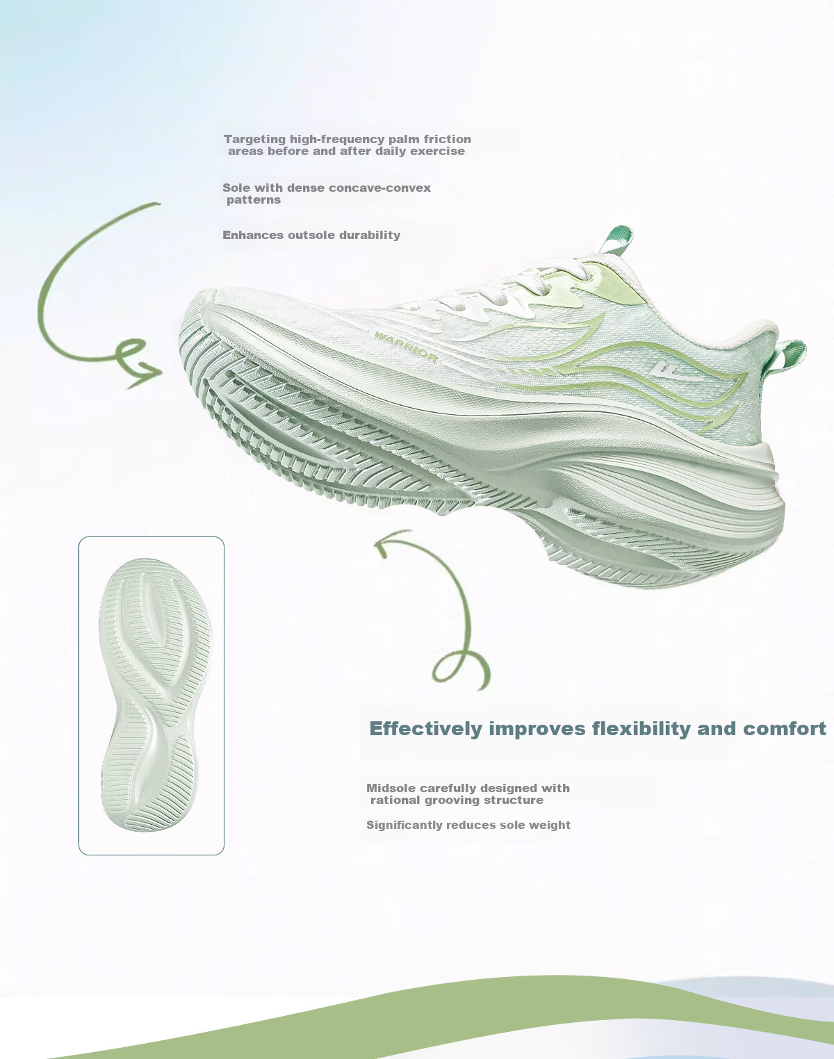 Warrior Thick-Soled Women's Sports Shoes New Spring Summer Lightweight Soft Sole Shock Absorption Fitness Running Shoes White Green Size 35 10