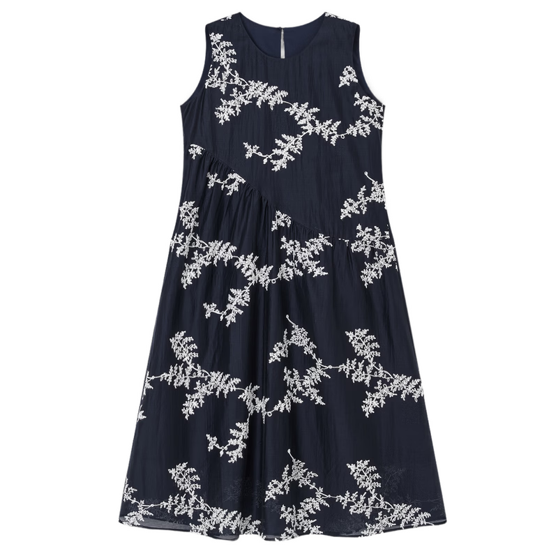 Demana [Lycra Breath Poem] Summer Vacation Style 3D Embroidered Sleeveless Patchwork Elegant Mid-Length Dress for Women
