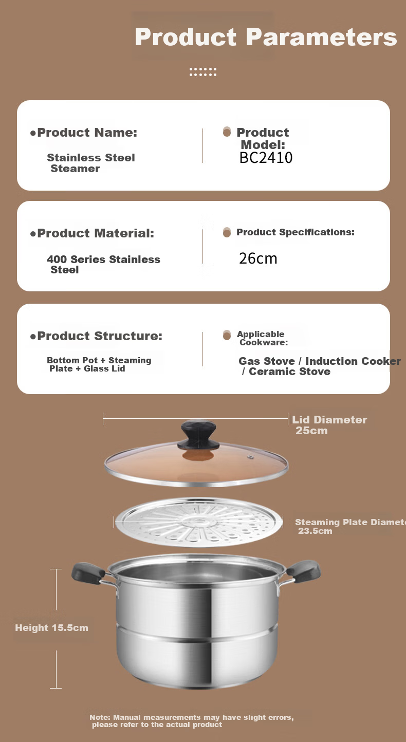BSITN Stainless Steel Steamer Pot 26cm Single Layer Steamer for Steaming Buns and Cooking Soup Compatible with Gas Stove and Induction Cooker 2410 10
