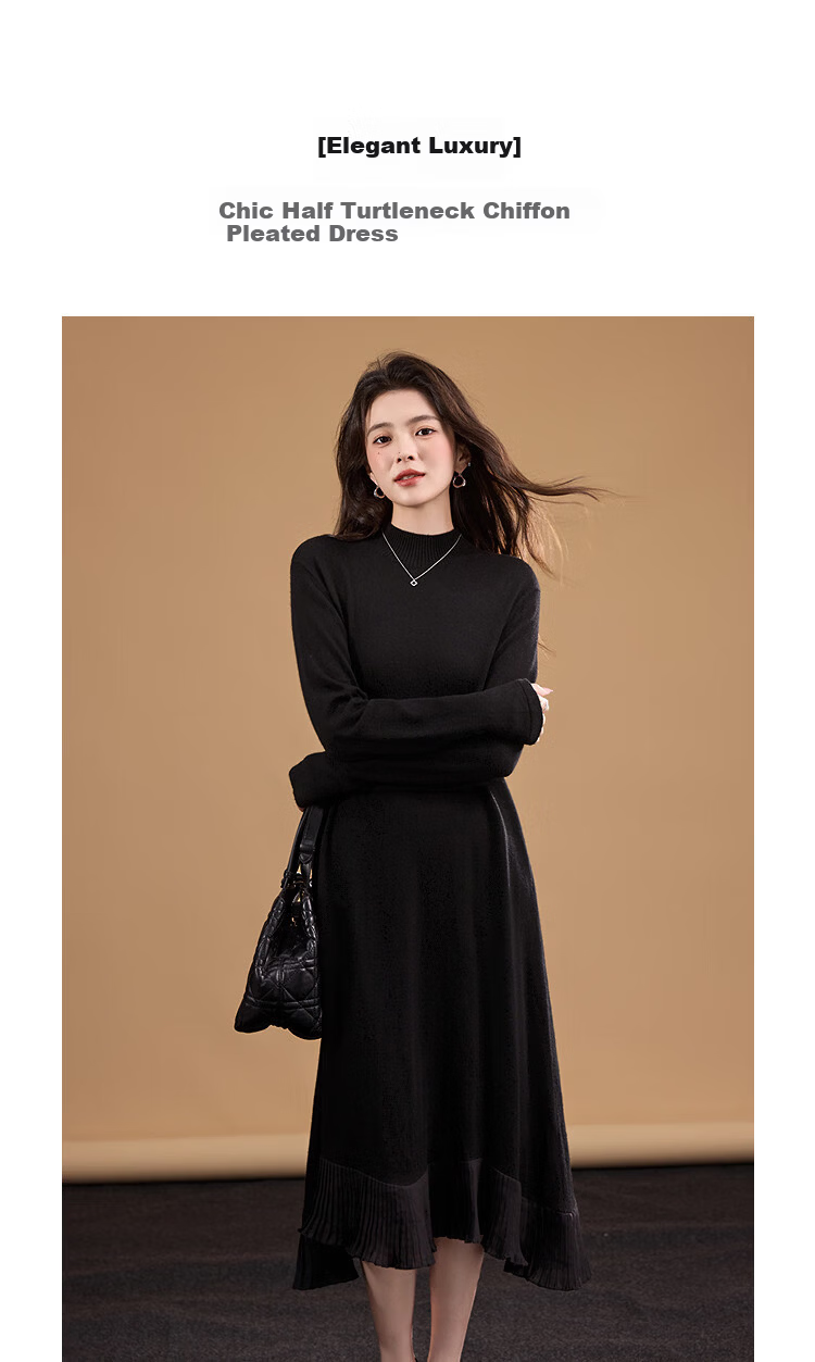 Demana Wool and Cashmere Blend Winter Elegant Half Turtleneck Chiffon Pleated Patchwork Irregular Women's Dress 1