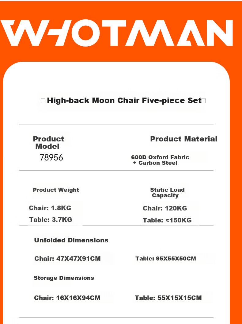 Whotman Outdoor High-Back Moon Chair Set Camping Portable Folding Table and Chairs 5-Piece Set (Black) 78956 16
