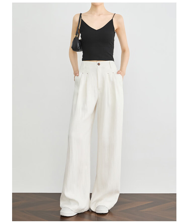FAESSLIN Urban Old Money Style White Linen Summer Slim Wide-Leg Casual Pants for Women 12