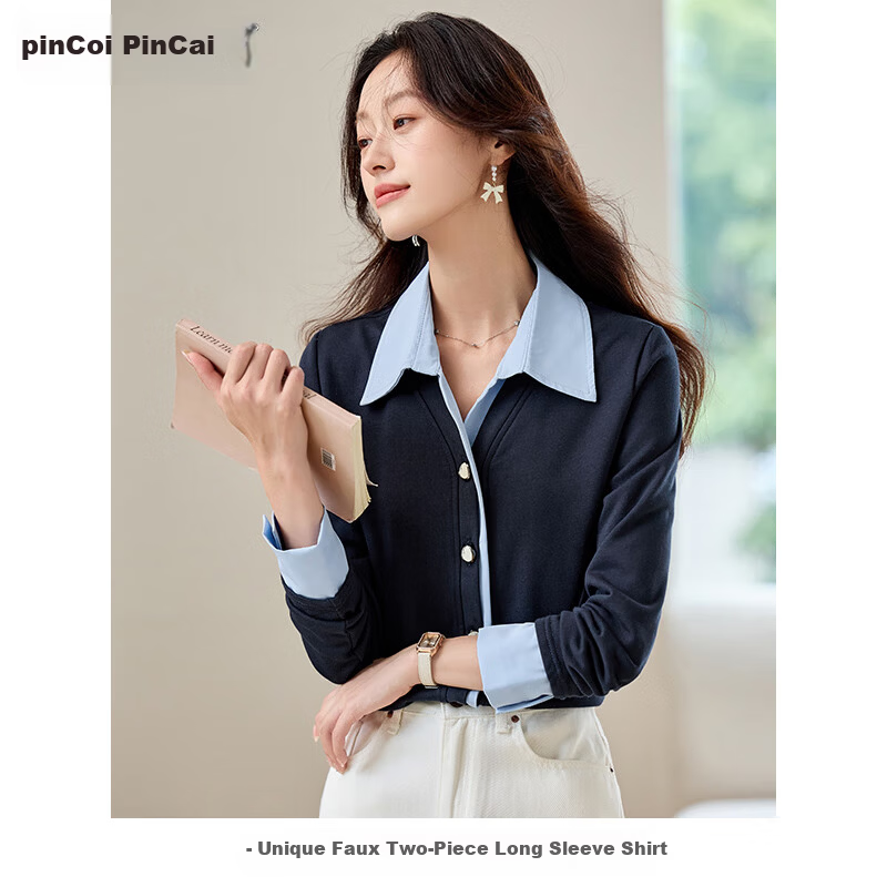 PinCai Women's Long Sleeve Shirt Color-Block Design Fake Two-Piece Layered Stylish Top P53S046