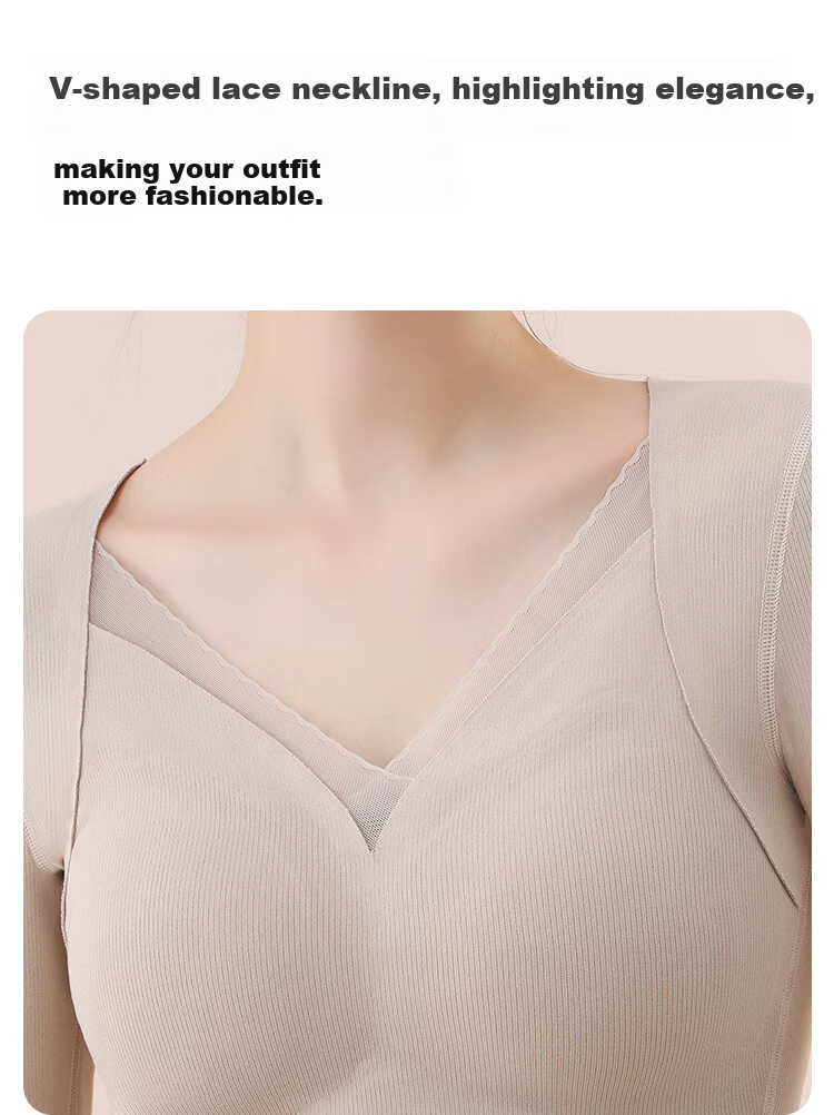 MiiOW Mulberry Silk Down Thermal Underwear for Women Autumn Top with Chest Pad Lace Base Layer Skin Color XL 17