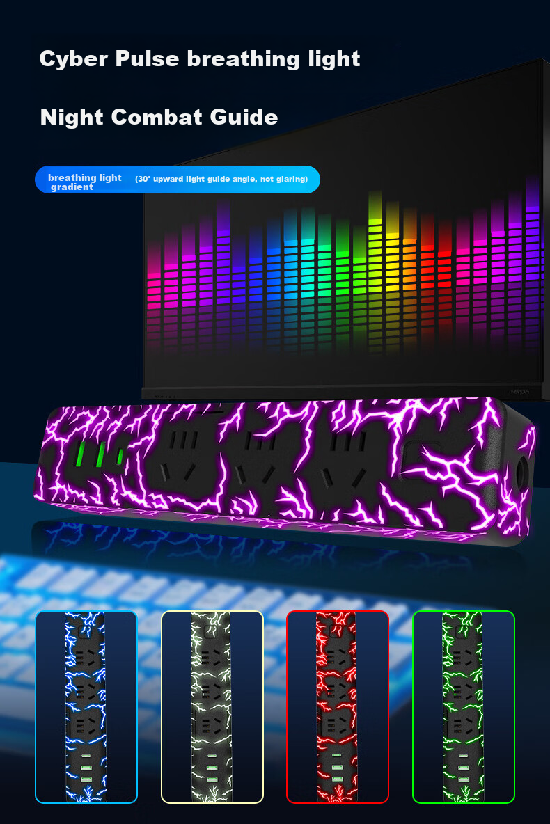 JS JISHUN Gaming Power Strip USB Multifunctional Desktop Smart Surge Protector Computer Console Multi-Socket Extension Cord Charging Station [Surge Protection - RGB Lighting] 3