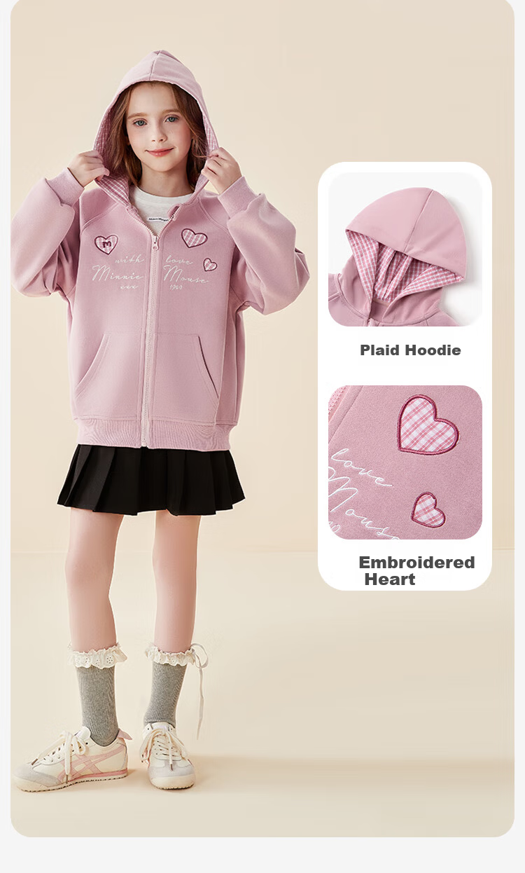 Disney Kids Jacket 2026 New Spring Girls Plaid Hooded Casual Sweatshirt TD3ES031 Pink 140 3