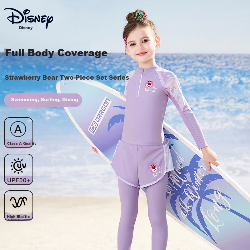 Disney Kids Swimsuit Girls Toddler Baby Two-Piece Long Sleeve Long Pants 3-6 Years Swimming Set D35198 Purple Size 110