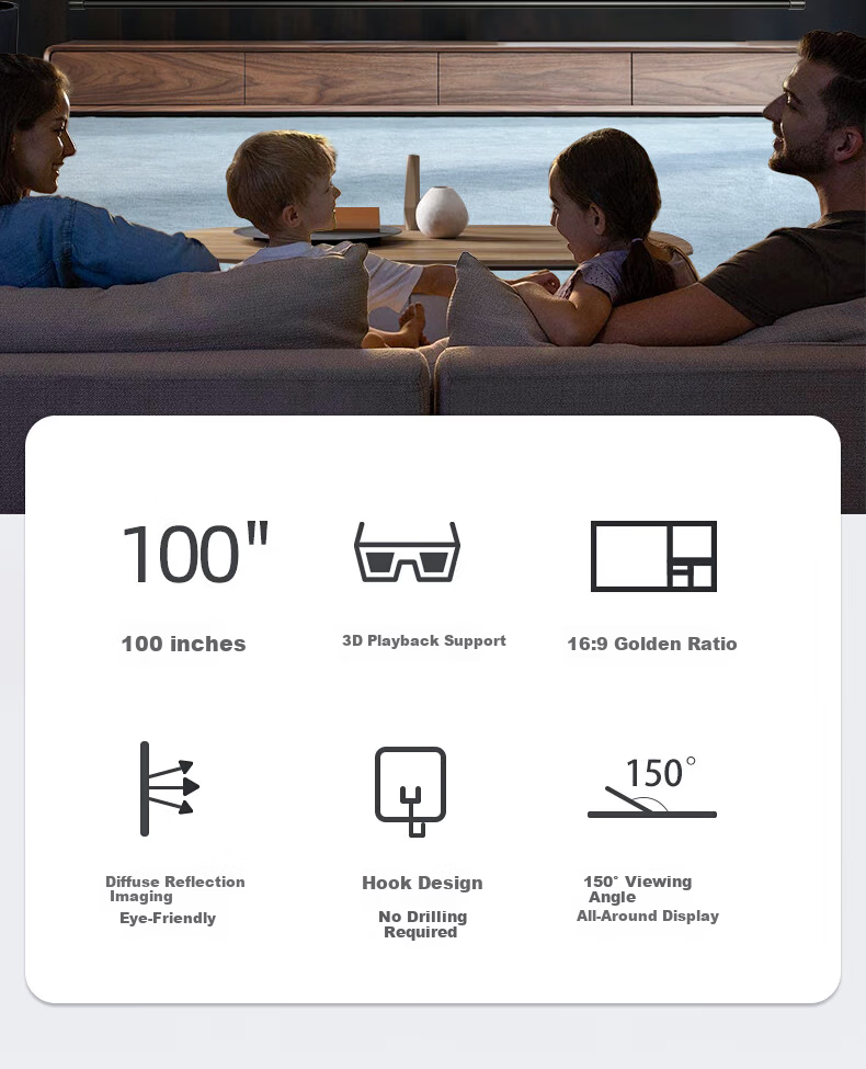Wuyinxiang 100-inch 16:9 Projection Screen 【No Drilling】 Wall-mounted Simple HD Projector Screen Compatible with XGIMI, JmGO, Xiaomi, Epson Projectors 2