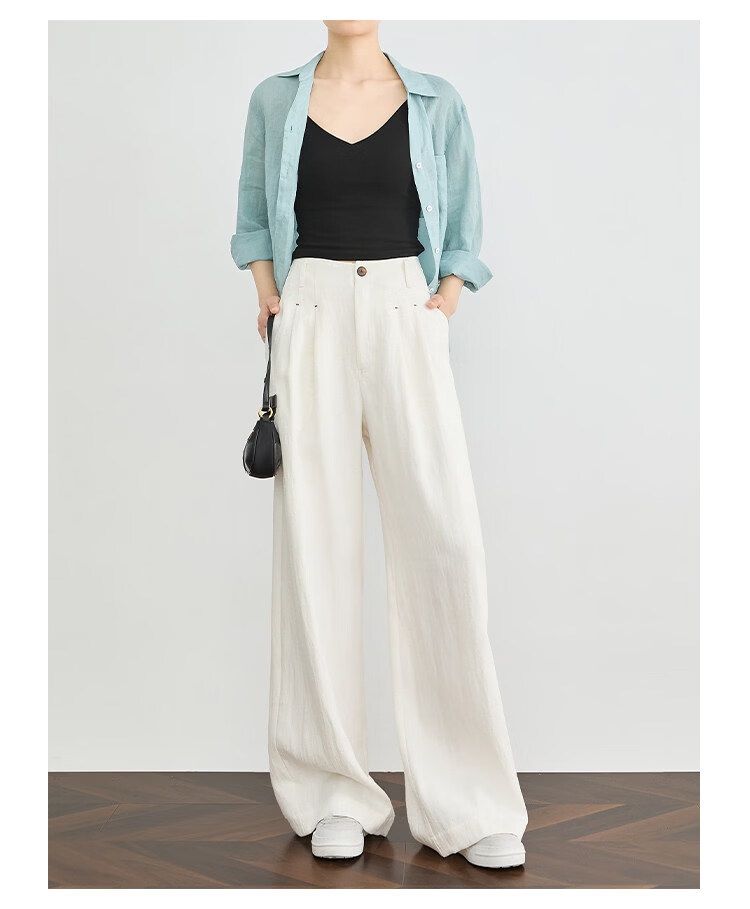 FAESSLIN Urban Old Money Style White Linen Summer Slim Wide-Leg Casual Pants for Women 25