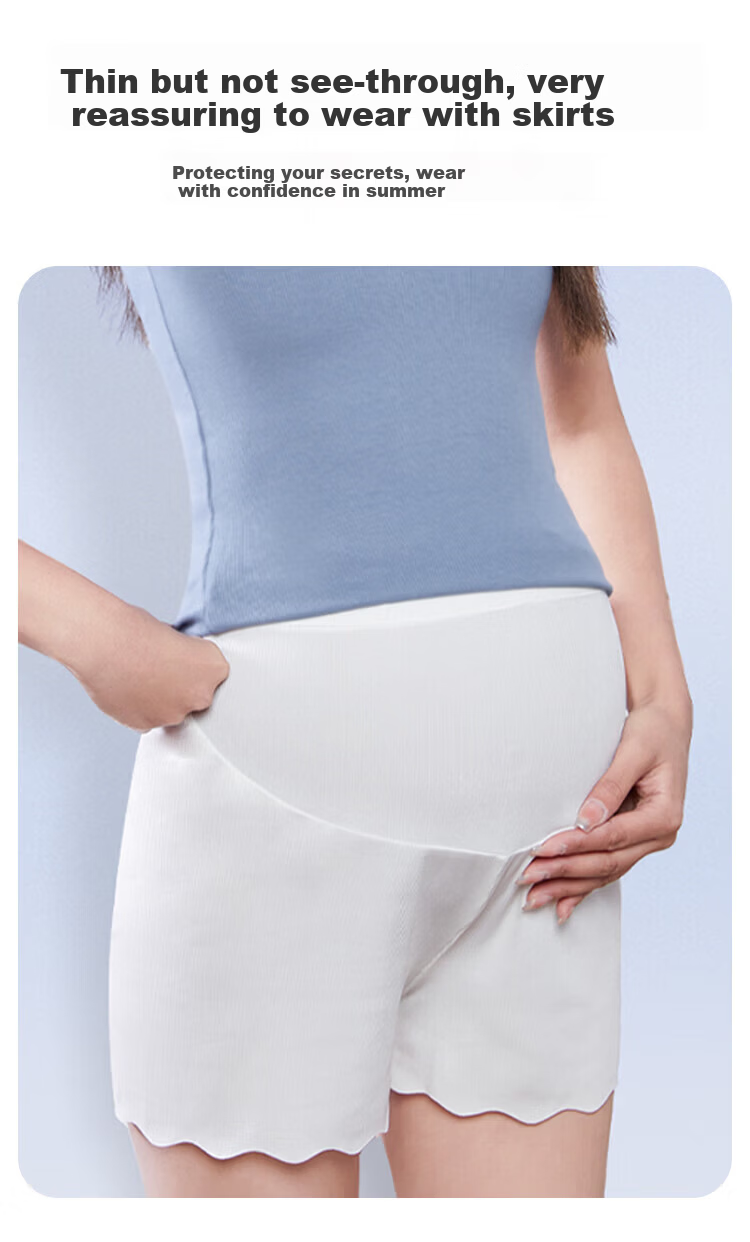 Aibao Pregnancy Maternity Safety Leggings Summer Thin Anti-Exposure Ice Silk Shorts High Waist Adjustable Skin+White L Size M440 3