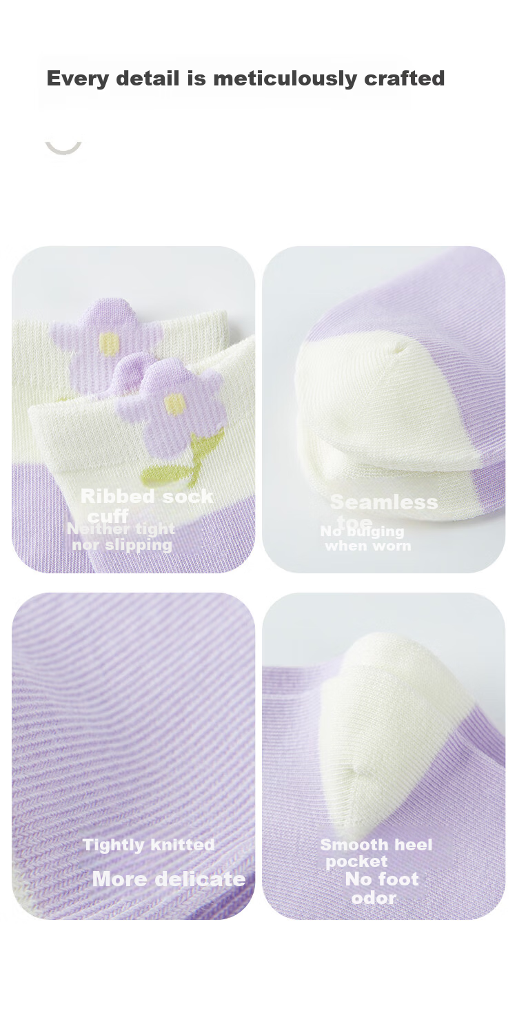 DEESHA 7A Antibacterial Girls' Socks, 5 Pairs, Seamless, Comfortable, Breathable, Anti-Pilling Cotton Socks for Kids, All-Season 4