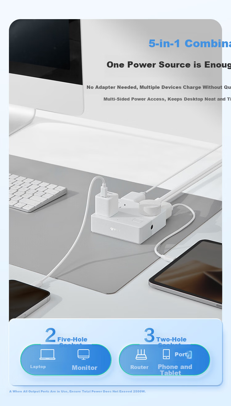 BULL New National Standard Mini Magic Box Overload and Overpower Protection Desktop Power Strip with 5-Control Switches, 1.5m Cable, White 3