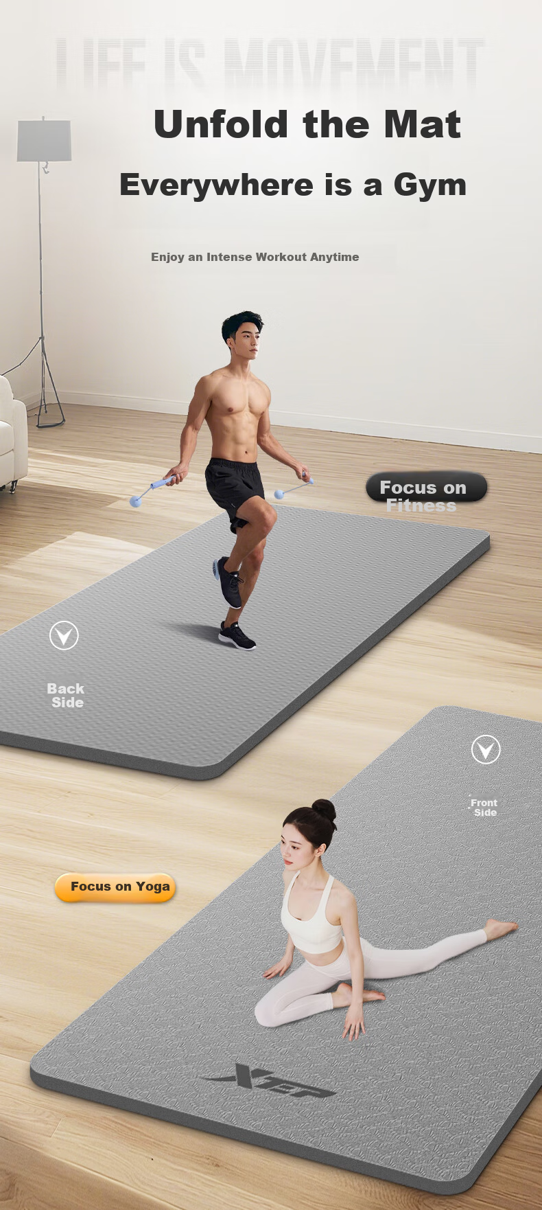 XTEP TPE Yoga Mat Women's Fitness Professional Non-Slip Soundproof Thickened Widened Lengthened Exercise Aerobics Dance Mat 10