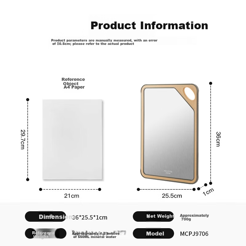 MAXCOOK 304 Stainless Steel Cutting Board Antibacterial Mold-Resistant Double-Sided Medium Chopping Board 36x25.5x1cm