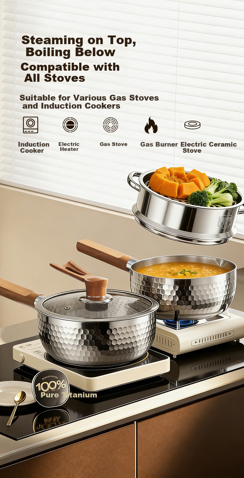 Shuangqi Pure Titanium Non-Coated Snow Pan Milk Pot Noodle Pot Baby Infant Food Steamer 18cm with Steaming Basket 8