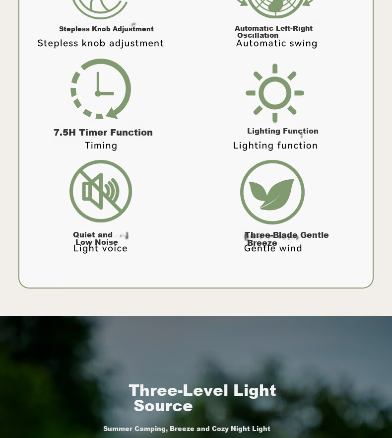 Sanlixi Mini Fan Outdoor Camping Portable Brushless Motor Silent Oscillating Fan Long-lasting Battery Fan with Light 3