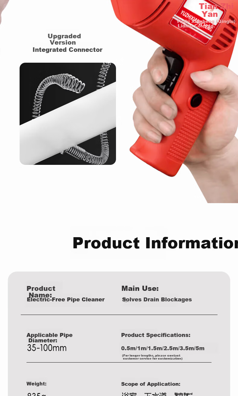 Tianzhiyan Electric Drain Cleaner Tool for Toilet and Kitchen Pipes, 6m Spring Cable 7