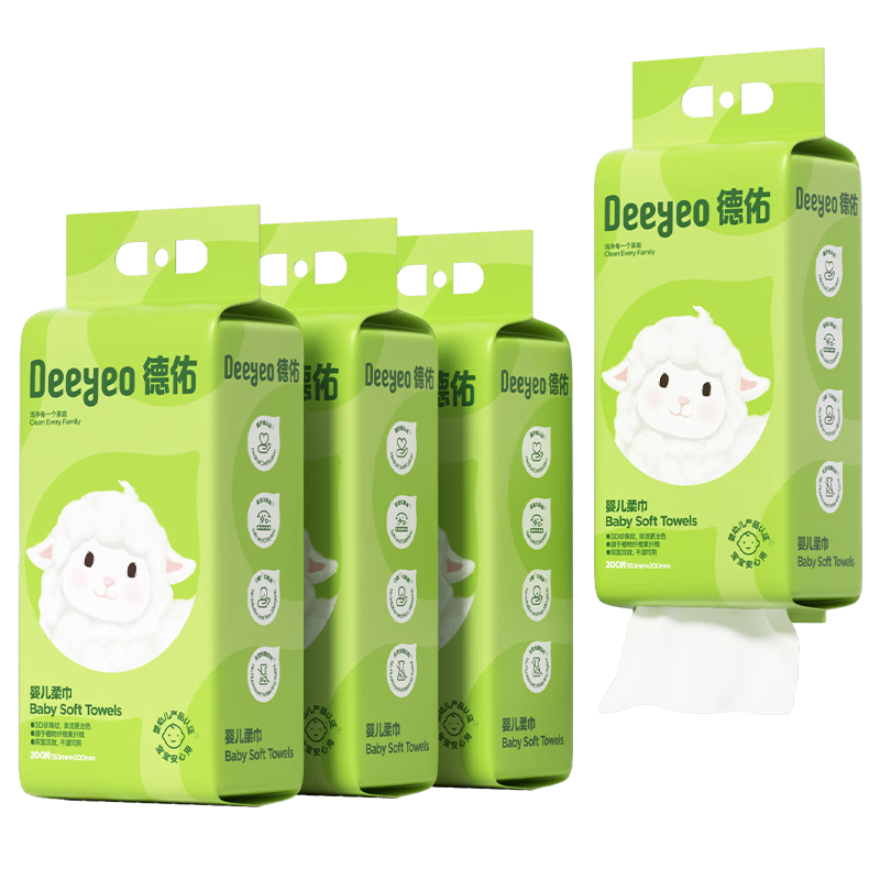 Deyou Baby Soft Cotton Towels Hanging Large Thick Dual-Use Dry and Wet Facial Cotton Tissues 200 Sheets*4 Packs