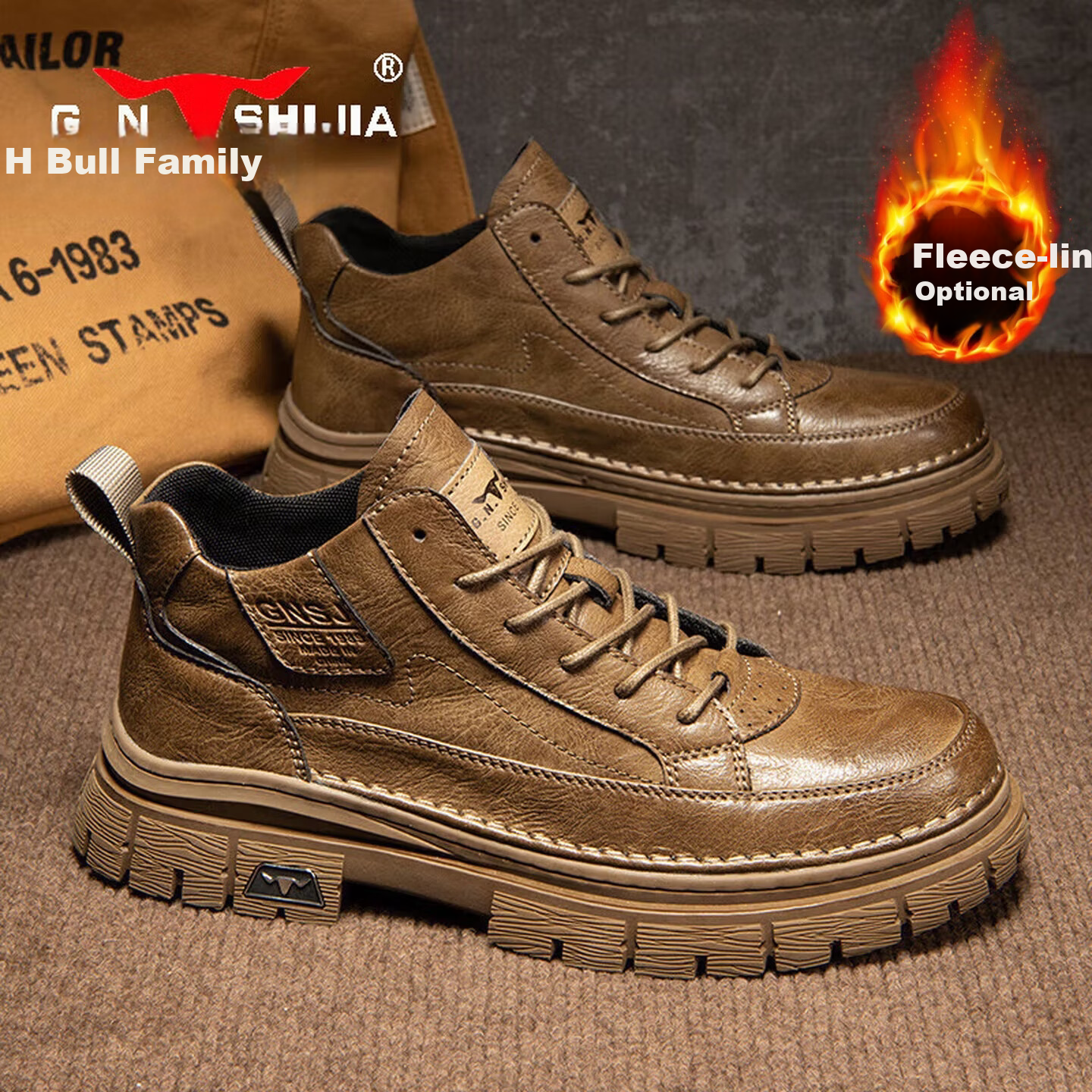 Bull Family Martin Boots Men Winter New British Style Mid-High Outdoor Casual Work Boots for Men