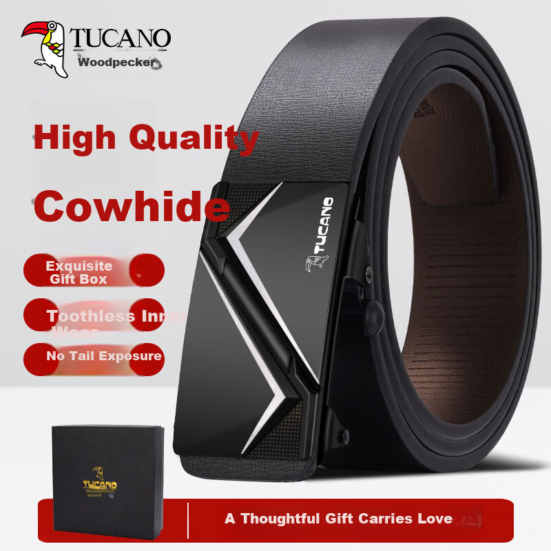 Woodpecker Men's Genuine Leather Ratchet Belt Automatic Buckle Simple Fashion Waistband Gift for Boyfriend Husband Father Dad