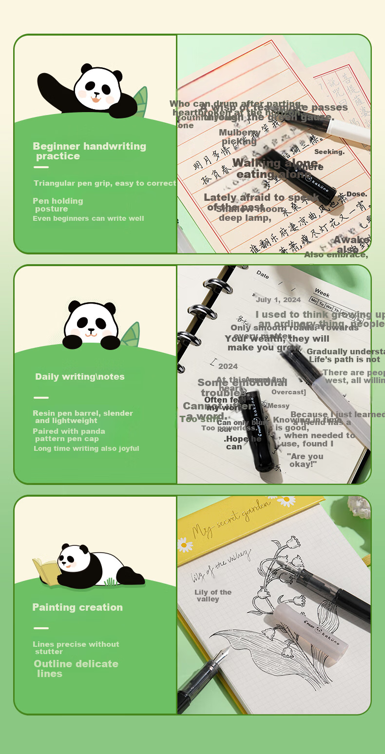 PILOT KAKUNO Smile Panda Limited Edition Fountain Pen for Elementary Students Grades 3-6 Refillable Ink Cartridge Signature Pen CA.FKAPD25DF-IC-ZH Translucent F Nib White Cap Black Barrel 5