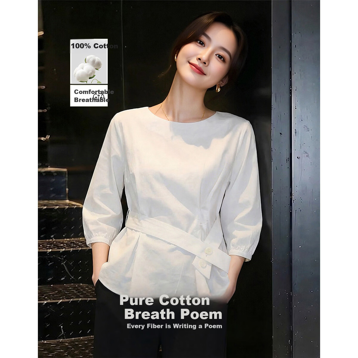 Demana Pure Cotton Breathable Summer Artistic Fresh Round Neck Slim Waist Shirt Women's Top
