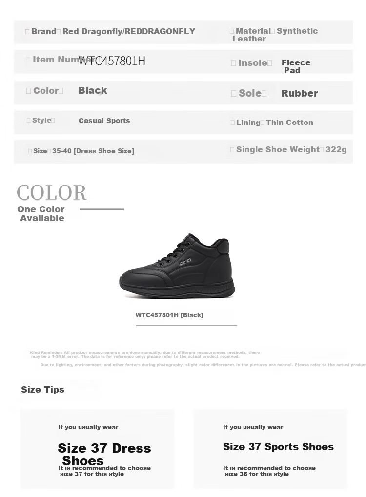 Red Dragonfly Women's Cotton Shoes Fleece Lined Warm High-Top Sneakers Outdoor Windproof Lightweight Walking Casual Shoes WTC457801H Black Size 35 5
