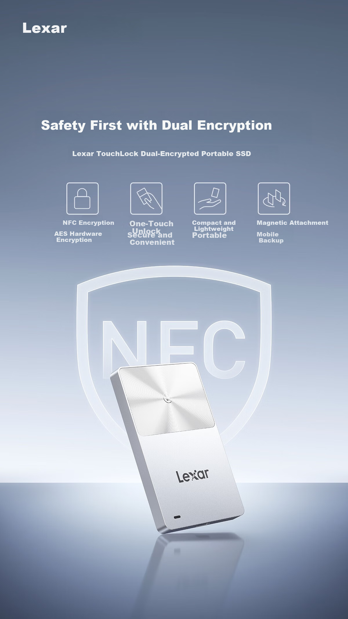 Lexar 1TB Type-C USB 3.2 NFC Dual-Encryption Portable SSD (PSSD) One-Touch Unlock Secure and Convenient for Business/Enterprise/Privacy Encryption 1