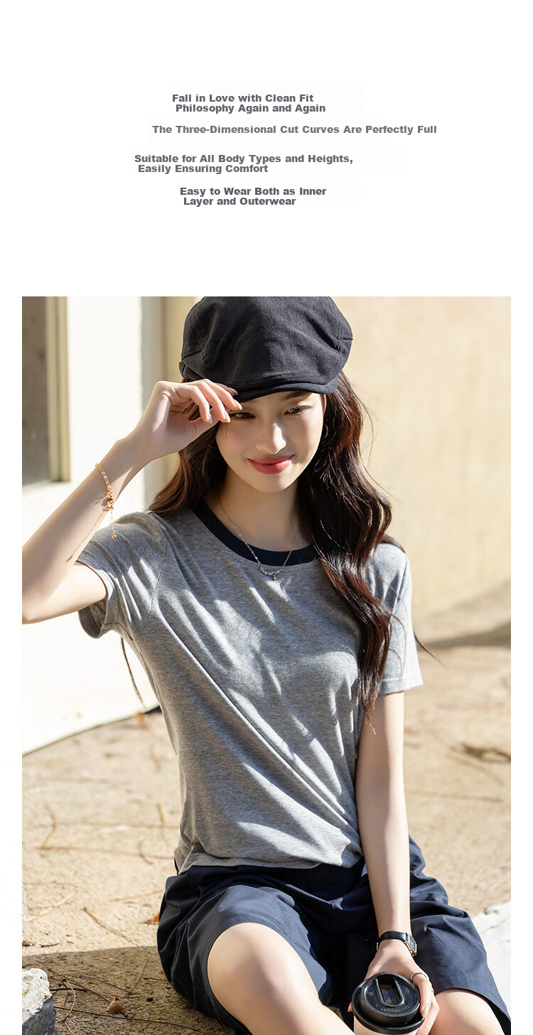 Demana [with Lyocell Wool] Spring Urban Simple Colorblock Crew Neck Short Sleeve Stretch Slim Fit Women's T-Shirt 2