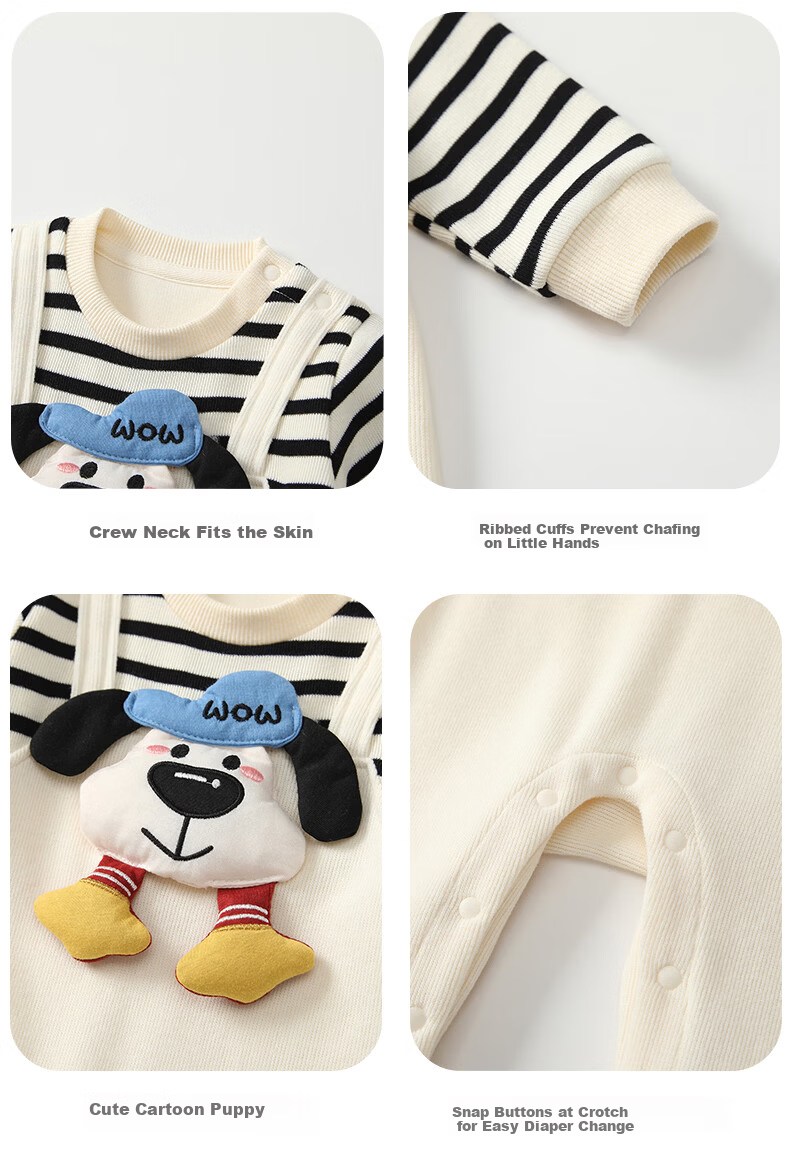 VOONLIE Baby Clothes Spring Newborn Faux Two-Piece Romper Boys Striped Cute Puppy Crawling Suit 3
