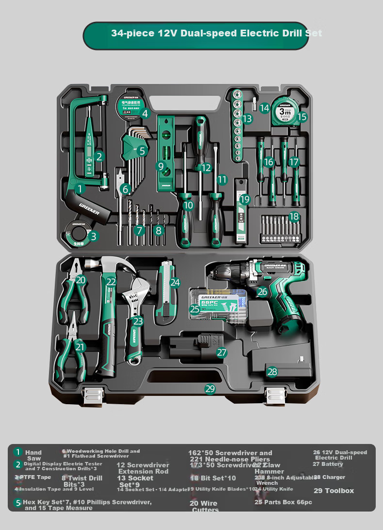 Green Forest 34-Piece 21V Impact Lithium Drill Set Multi-Function Household Toolbox Hardware Electrician Repair Kit 9