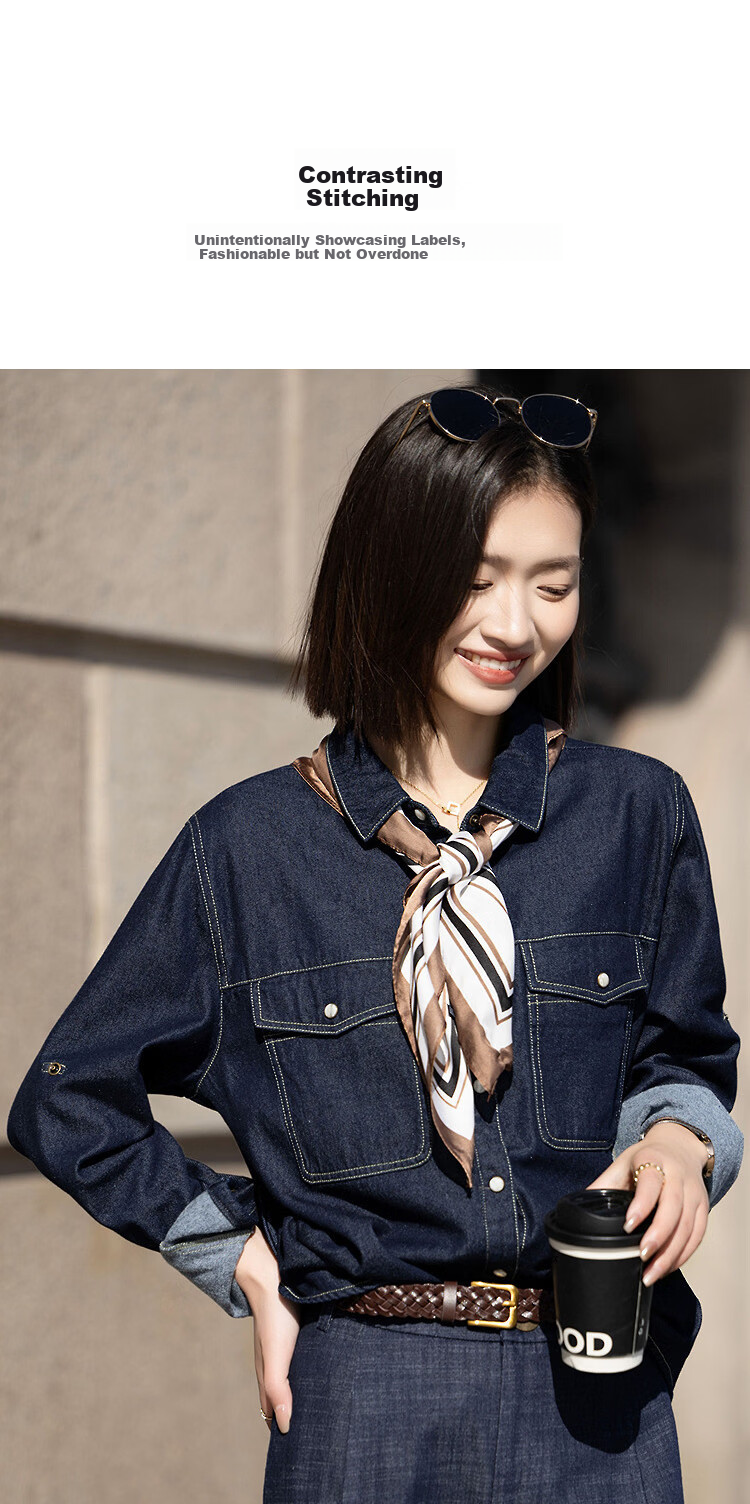 Demana [Cloud Oxygen Cotton] Spring Urban Style Contrast Stitching Fleece-Lined Small Size Women's Denim Shirt with Turn-Down Collar 2