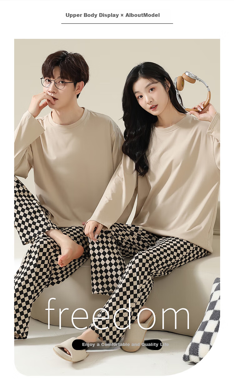 Hug Cotton [With Chest Pad] Couple Pajamas Men and Women Round Neck Pullover Long Sleeve Homewear 2025 New Spring and Autumn Wearable Outside 8